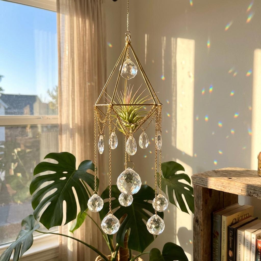 Decorative hanging plant holder with crystals in a sunlit room.