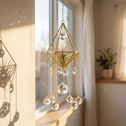 Decorative hanging crystal chandelier in a room with a window and plants.