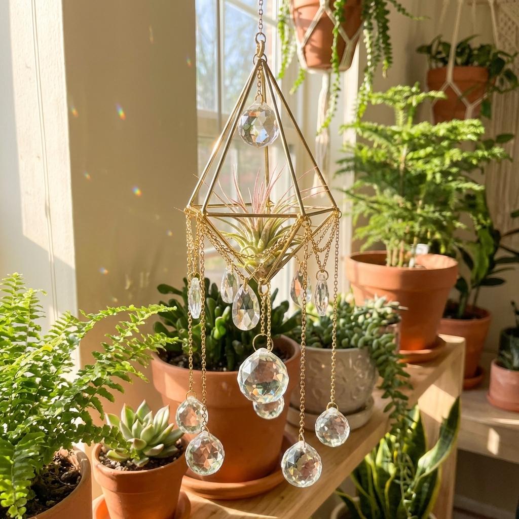 Decorative hanging crystal chandelier among potted plants in a bright room.