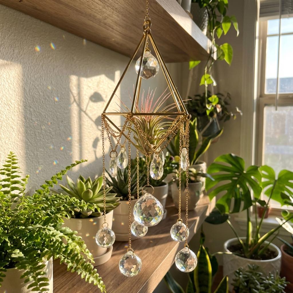 Decorative hanging plant holder with crystals in a room with plants