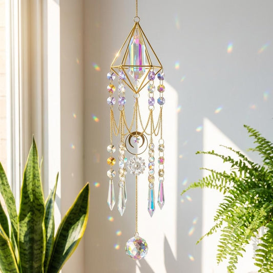 Decorative crystal wind chime with plants in the background
