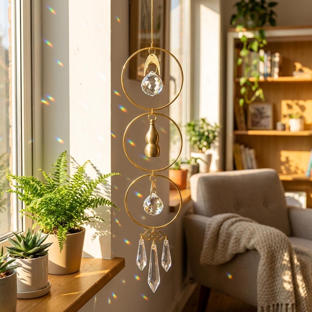 Decorative hanging crystal in a sunlit room with plants and furniture.