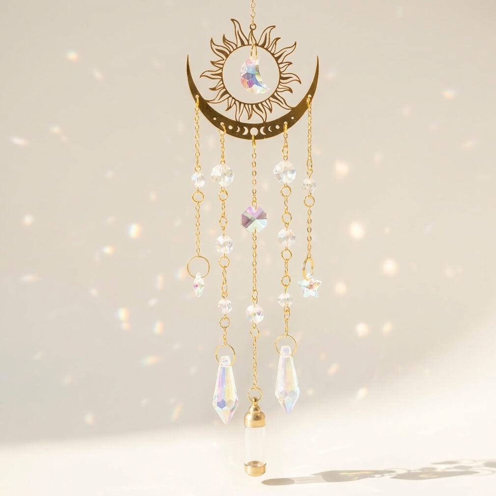 Decorative hanging ornament with sun and moon design on a beige background