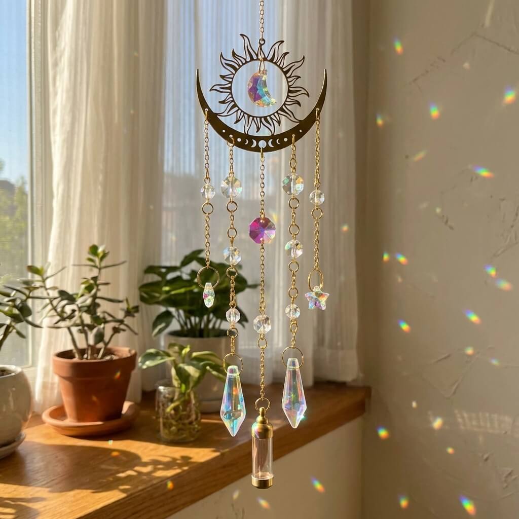 Decorative sun and moon hanging ornament with crystals on a window sill with plants.