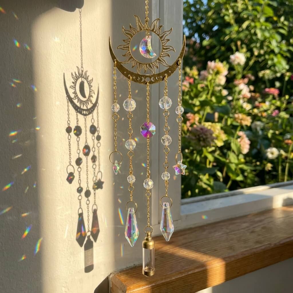 Decorative sun and moon wind chime with crystals hanging by a window with a garden view.