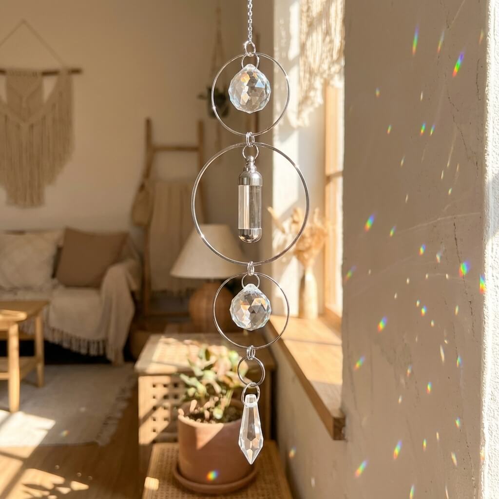 Decorative crystal hanging ornament in a room with sunlight filtering through