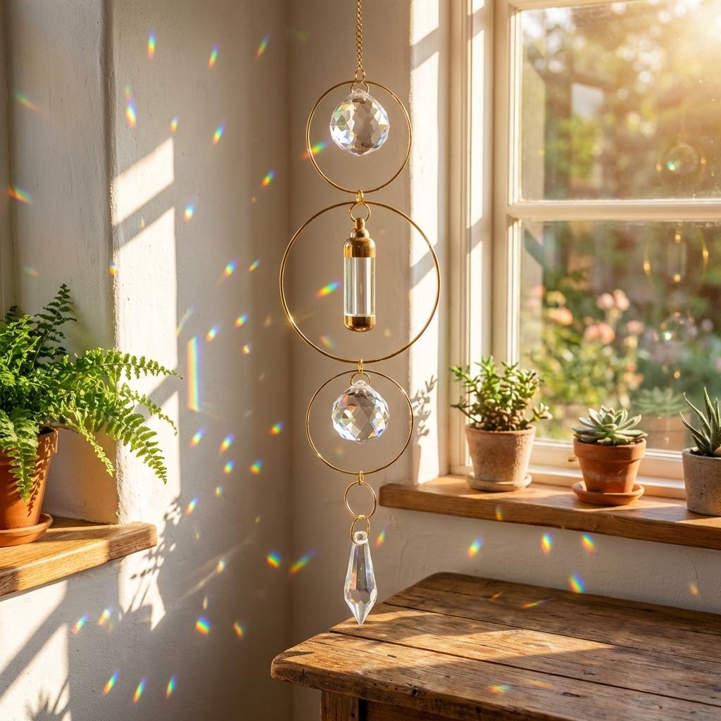 Decorative hanging crystal lamp with sunlight streaming through a window