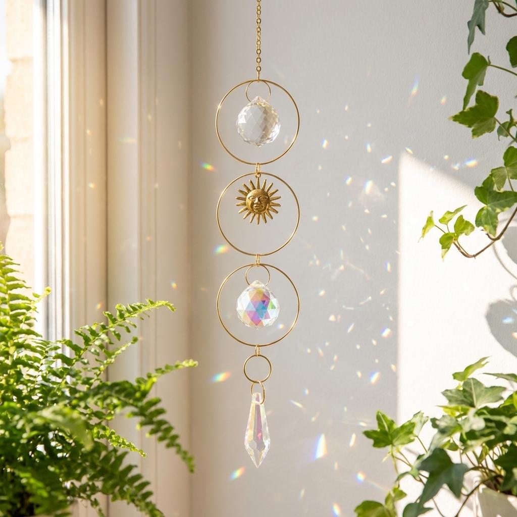 Decorative hanging crystal with sun design in a home setting with plants.