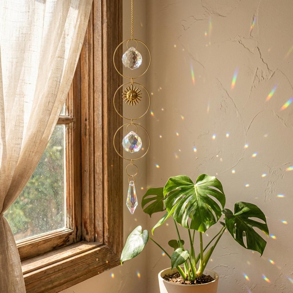 Decorative hanging crystal with a potted plant near a window