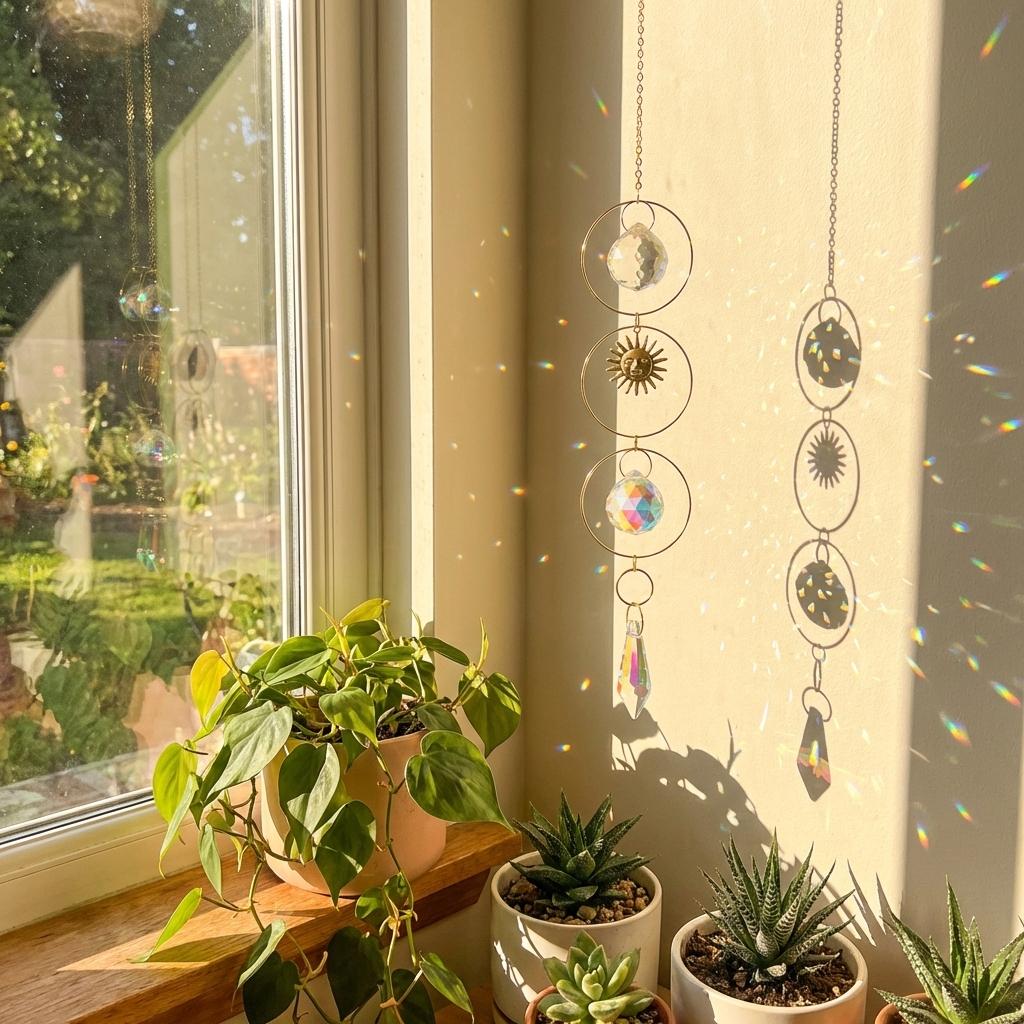 Hanging crystal suncatcher with plants on a windowsill