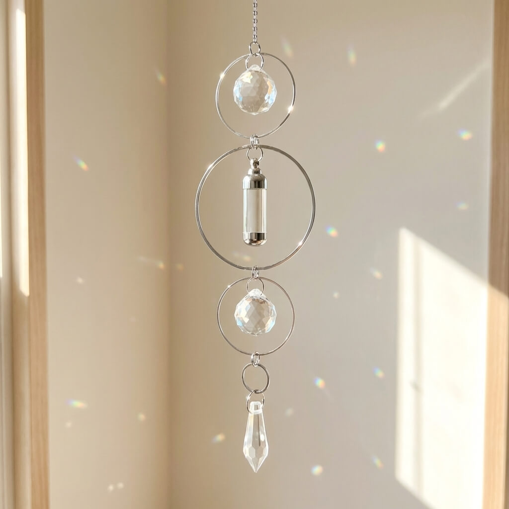 Crystal hanging ornament with circular and teardrop shapes on a neutral background