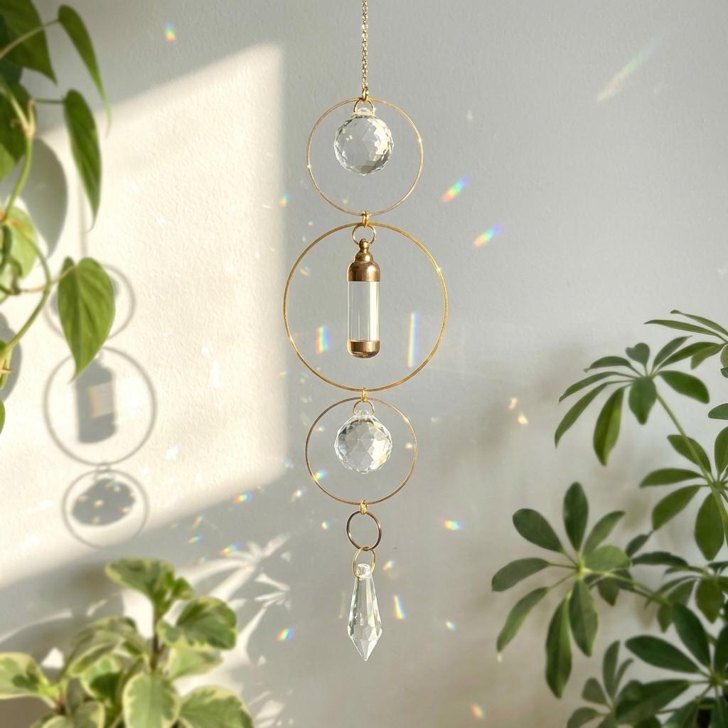 Decorative hanging crystal ornament with plants in the background