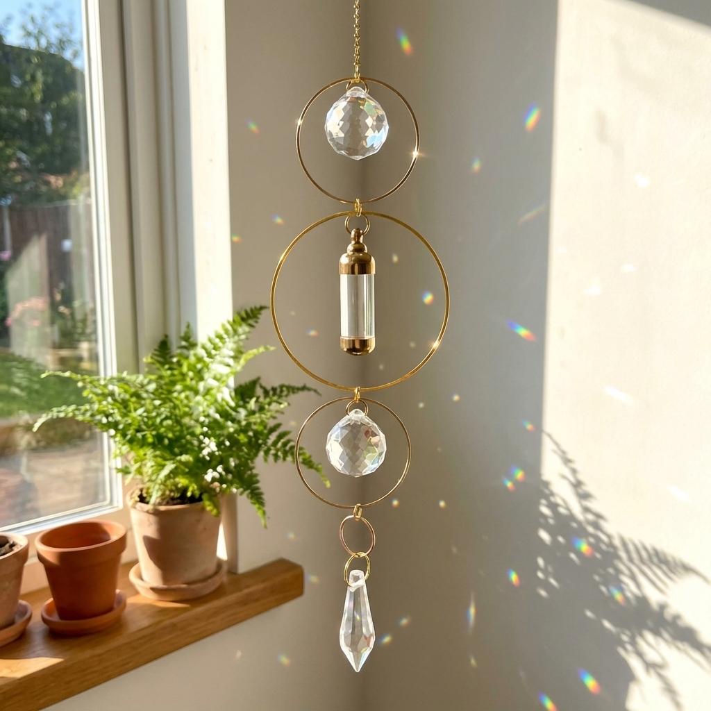 Decorative hanging crystal with gold loops in front of a window with plants on the sill.