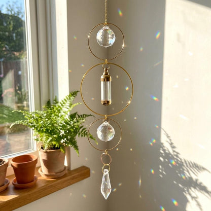 Decorative hanging crystal with gold loops in front of a window with plants on the sill.