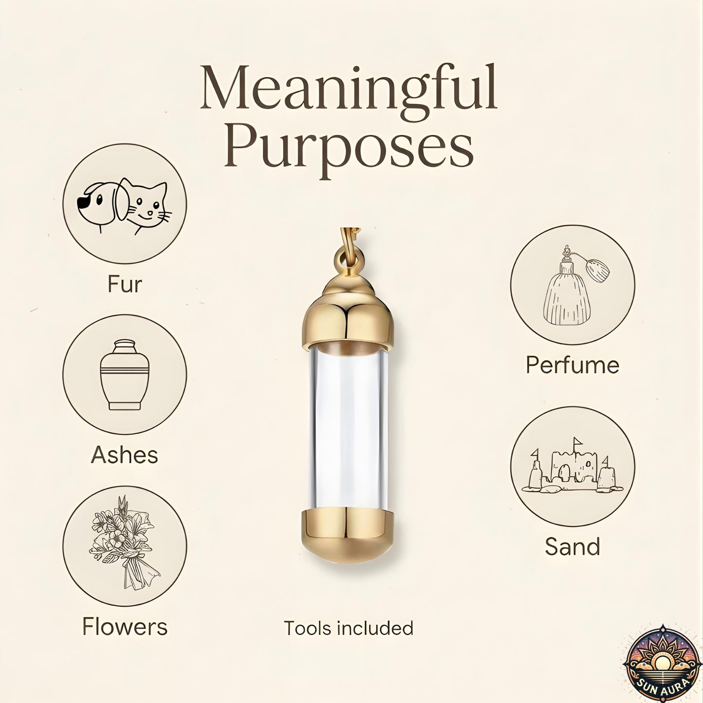 Gold pendant with tools for various purposes on a beige background