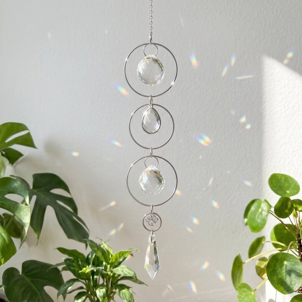 A silver and clear acrylic suncatcher hanging in front of a white wall, with sunlight casting rainbow reflections on the wall and green houseplants framing the scene.