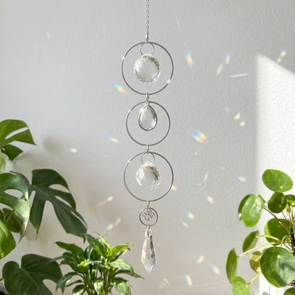 A silver and clear acrylic suncatcher hanging in front of a white wall, with sunlight casting rainbow reflections on the wall and green houseplants framing the scene.