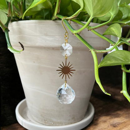 Potted plant with a decorative crystal hanging in front