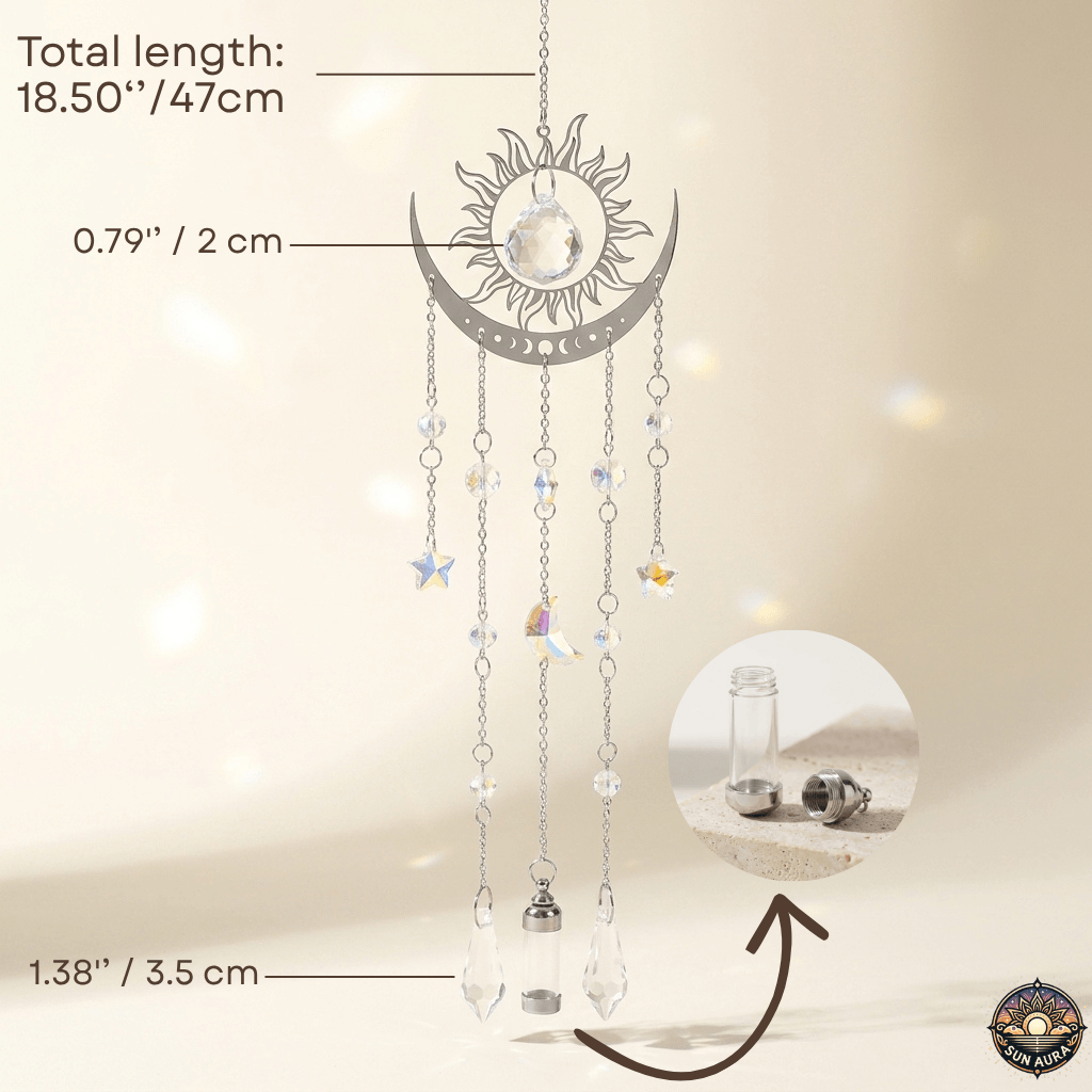 Decorative hanging chain with sun and moon design on a beige background