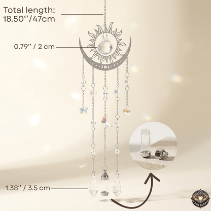Decorative hanging chain with sun and moon design on a beige background