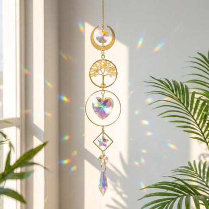 Decorative hanging crystal with rainbow effects in front of a window with plants.