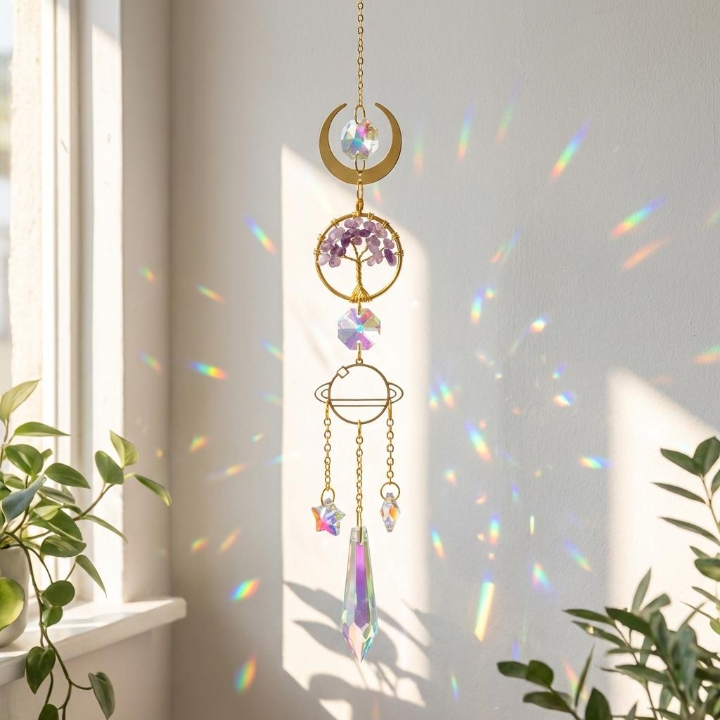 Decorative crystal hanging ornament with rainbow折射效果在窗户前