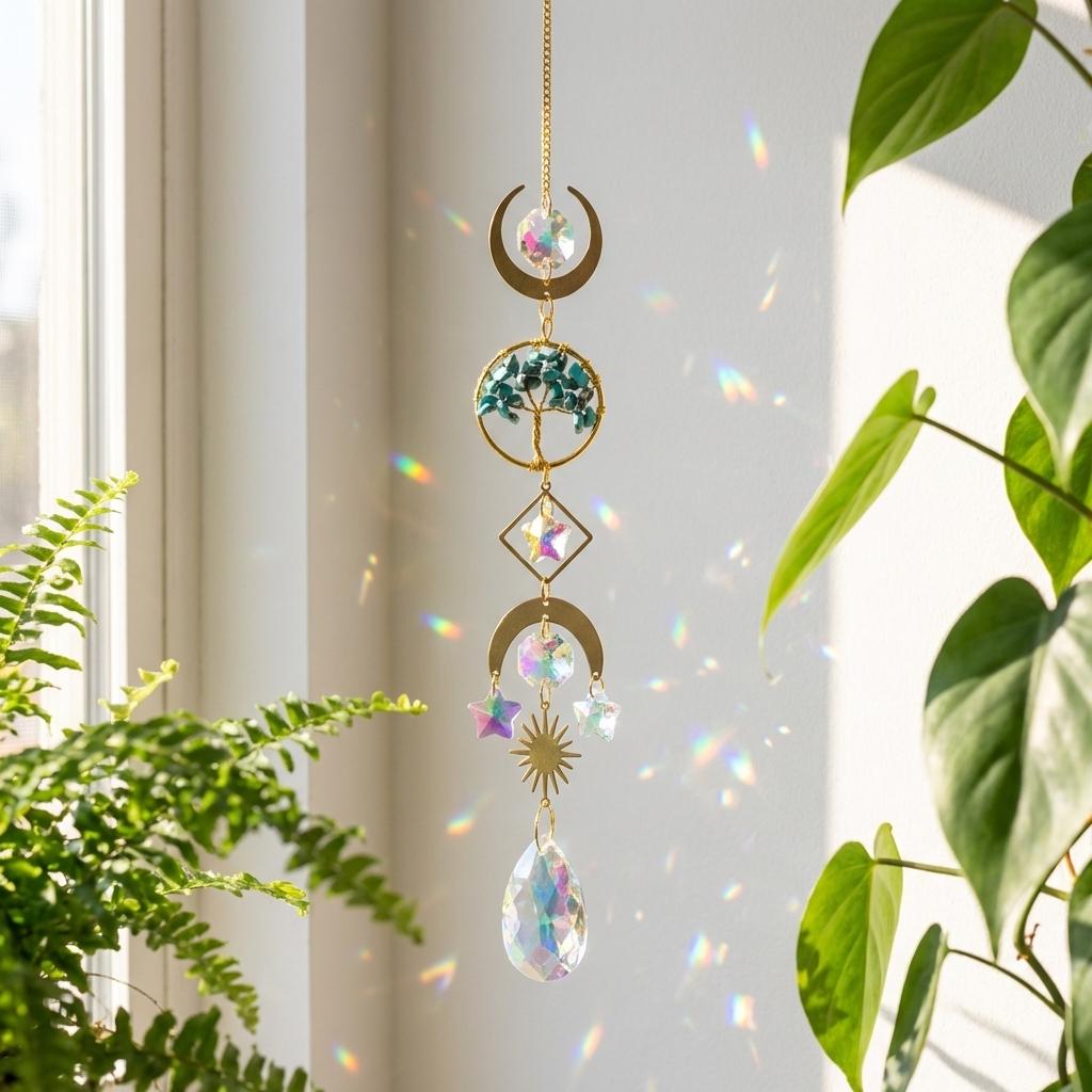 Decorative hanging crystal with rainbow effect in front of a window with plants.