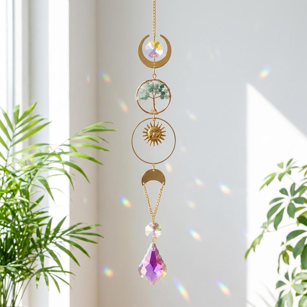 Decorative hanging crystal with celestial design in a home setting