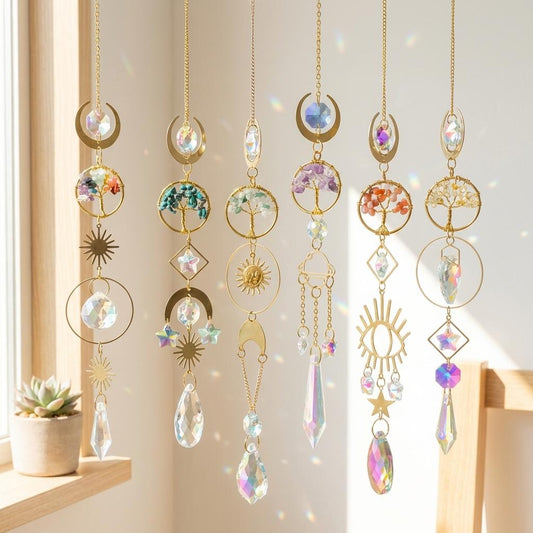 Decorative hanging ornaments with crystals and gold elements on a neutral background