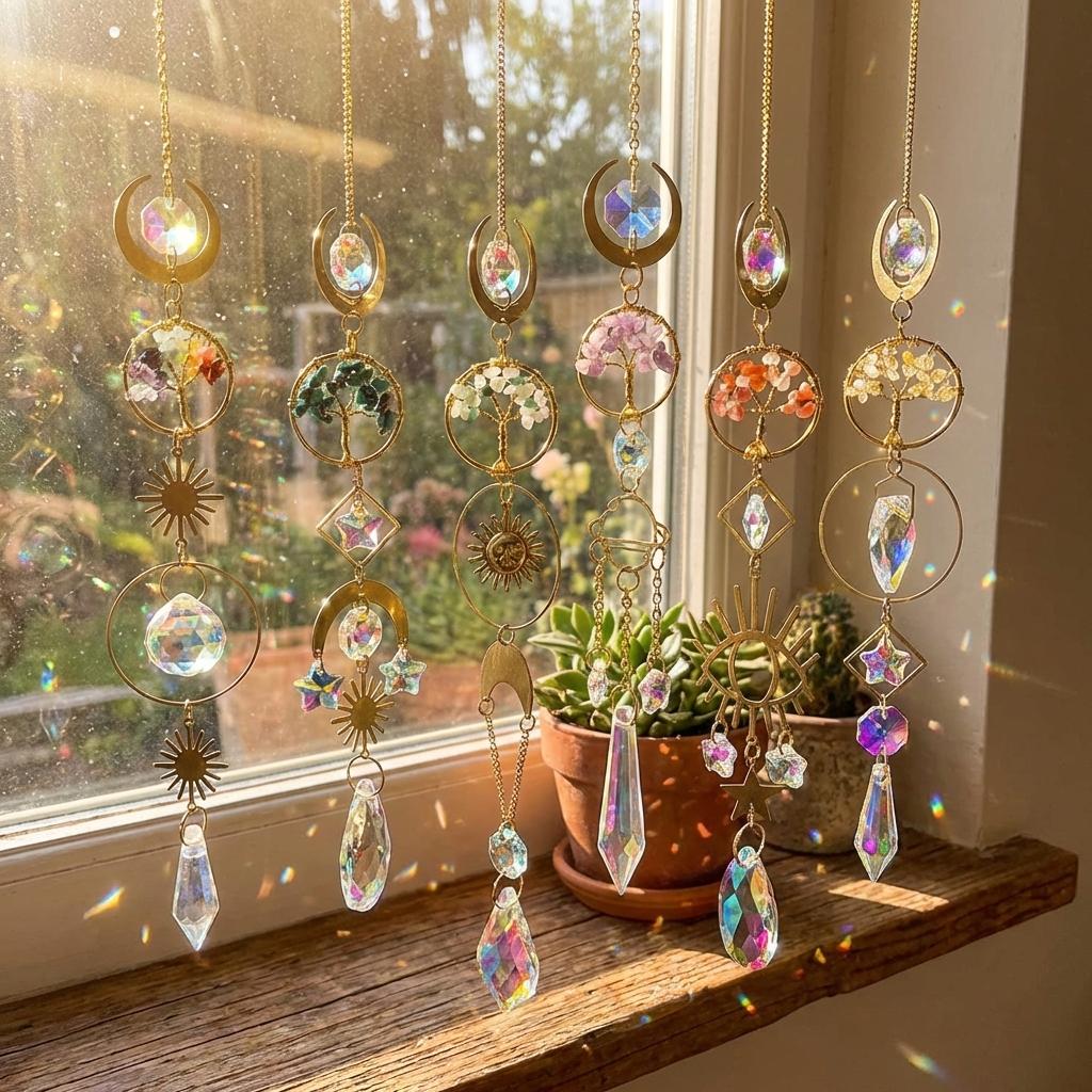 Decorative hanging crystal objects on a windowsill with sunlight filtering through.