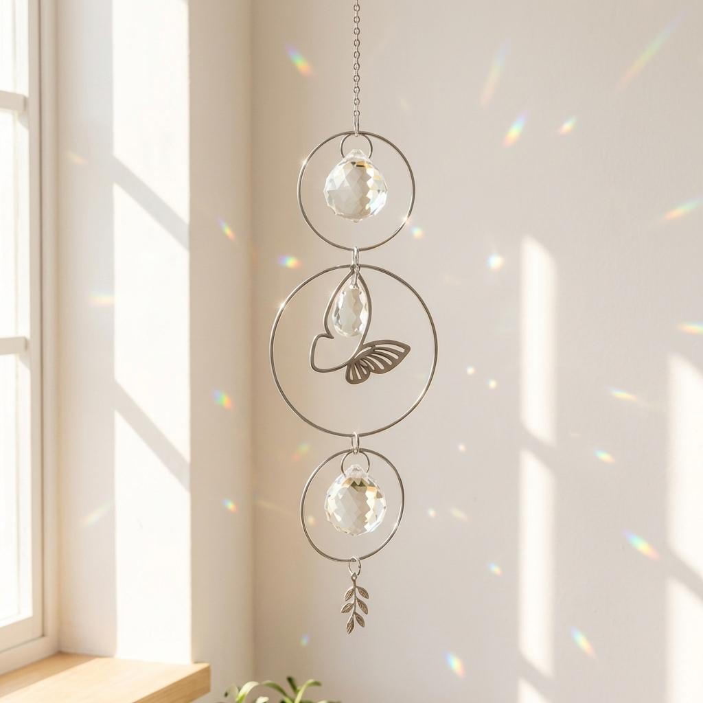 Decorative hanging crystal with butterfly design in a bright room
