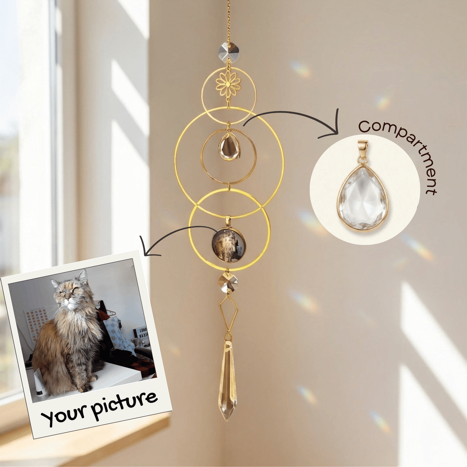 A gold-toned hanging ornament with layered circular rings, faceted beads, and a teardrop crystal pendant is shown in a sunlit room corner. Arrows point to the ornament and a sample teardrop crystal compartment inset, with a Polaroid-style photo label reading 'Your picture' and a cat photo demonstrating personalization.
