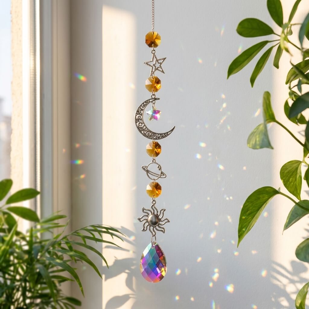 Decorative hanging crystal with celestial designs in front of a window with sunlight filtering through.