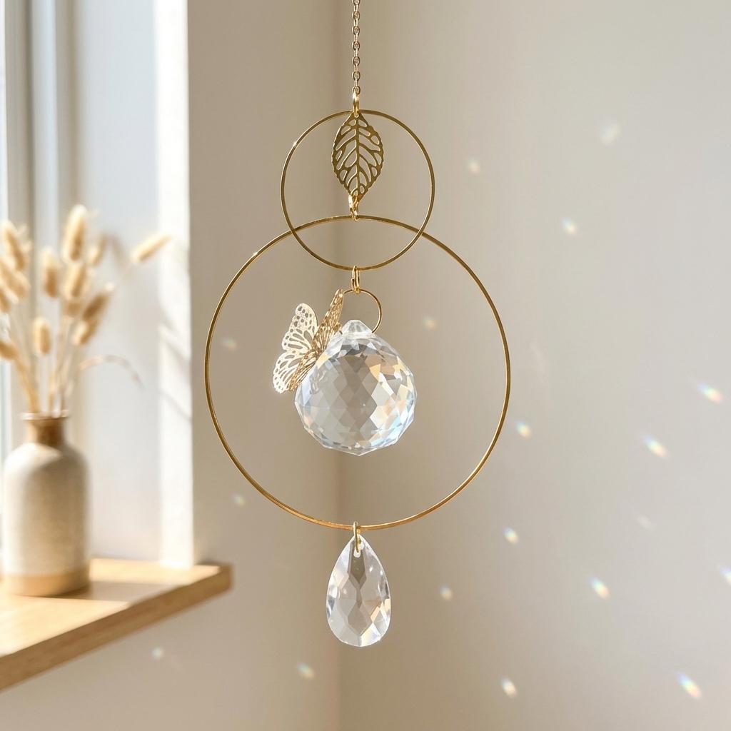 Decorative hanging crystal with gold accents on a neutral background
