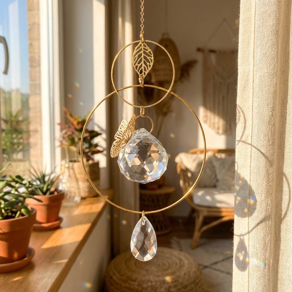 Decorative hanging crystal with gold accents on a neutral background