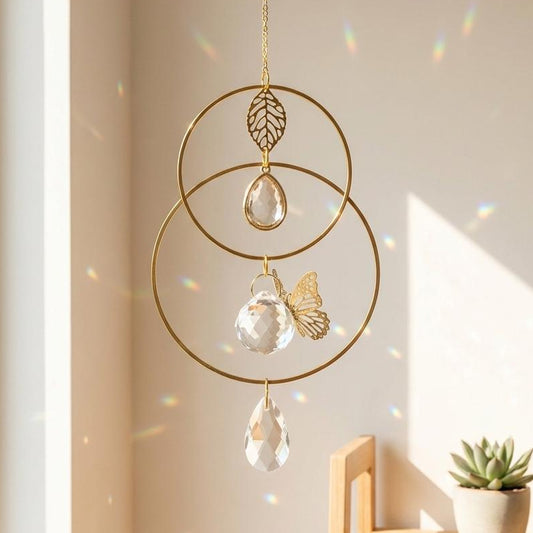 Decorative hanging pendant with gold chain, circular design, and crystal elements in a room setting.
