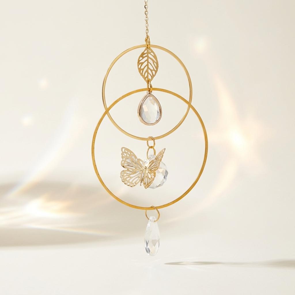 Decorative hanging ornament with gold loops, butterfly, and crystal on a light background