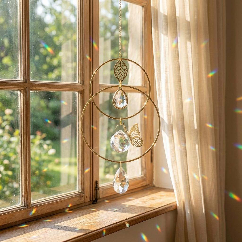 Decorative hanging crystal with leaf and butterfly design in front of a window with sheer curtains.