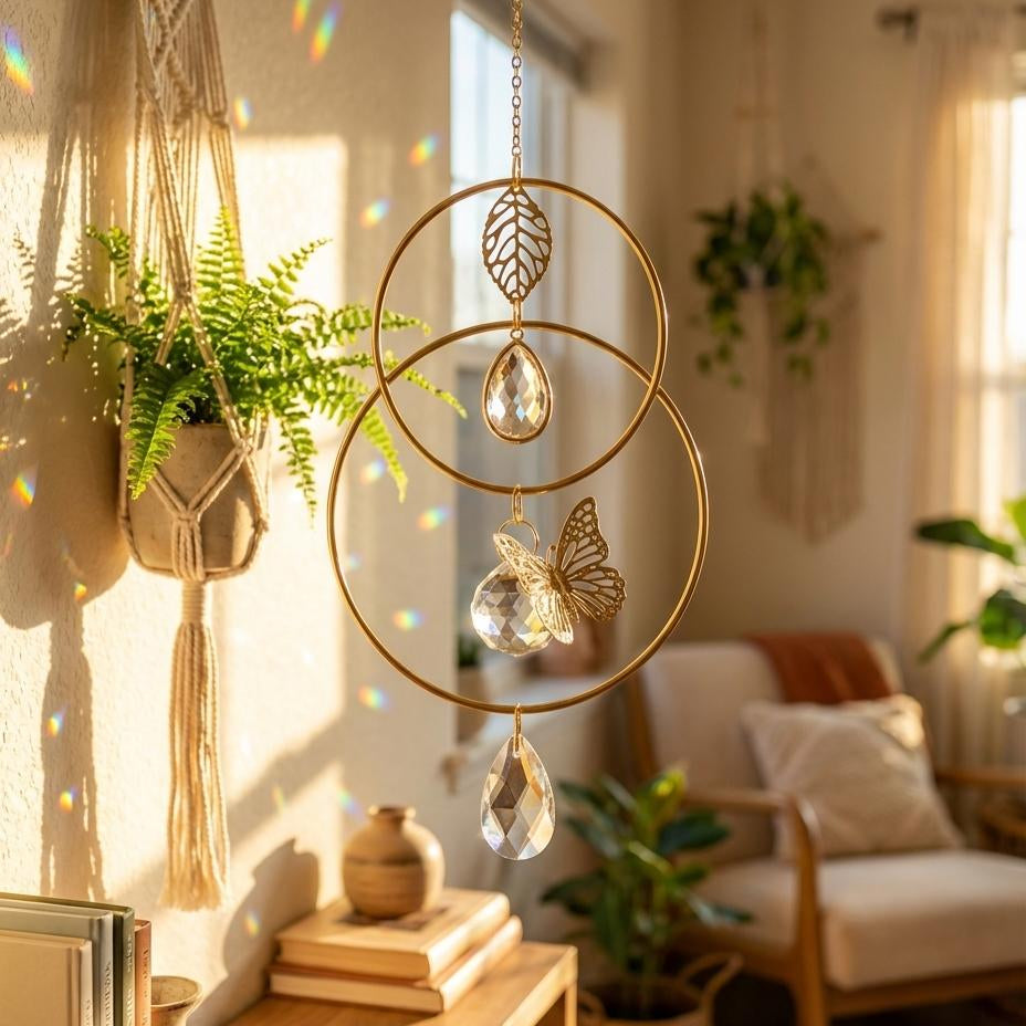 Decorative hanging plant holder with crystal elements in a cozy living room.