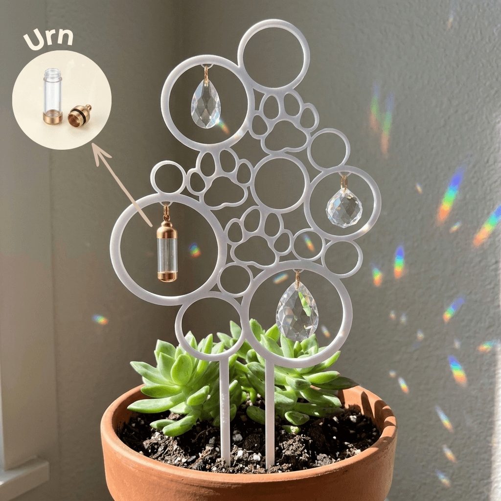 Decorative plant stand with circular design and small compartment on a potted plant.