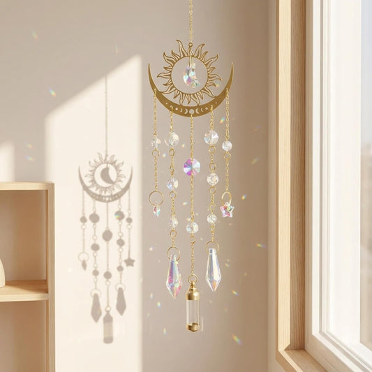 Decorative hanging crystal mobile with sun and moon design in a room with sunlight streaming through a window.