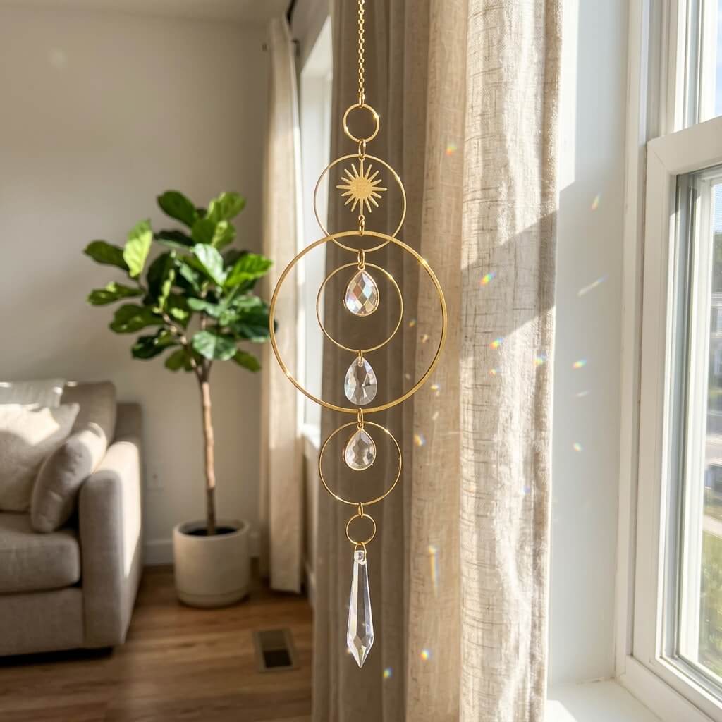 A gold-toned circular suncatcher with clear crystal teardrop and hanging prism elements, suspended in a bright living room next to a window with beige curtains.