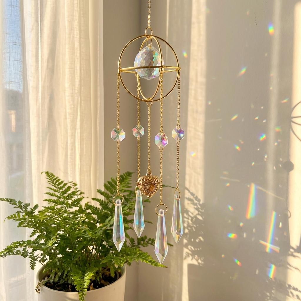 Decorative hanging crystal with rainbow in a room with a plant and curtains.