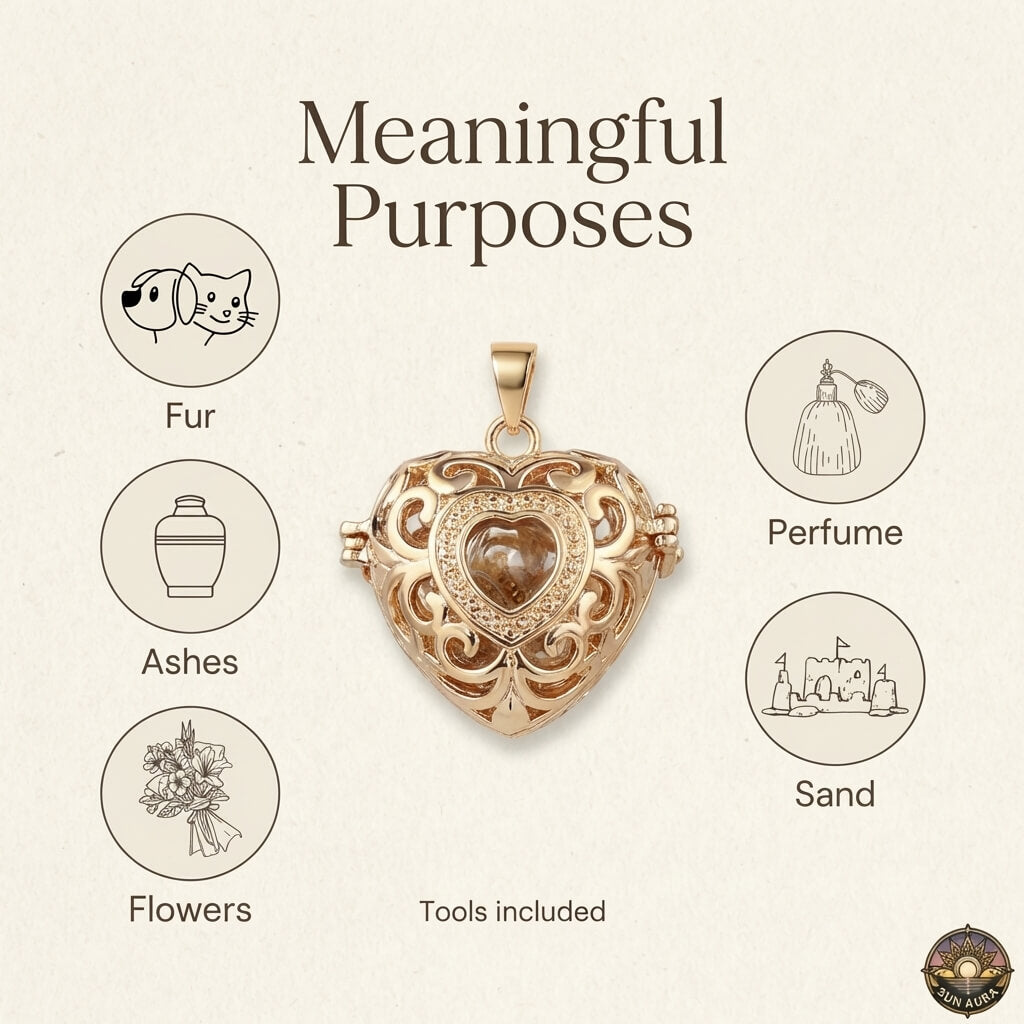Heart-shaped pendant with icons and text on a beige background
