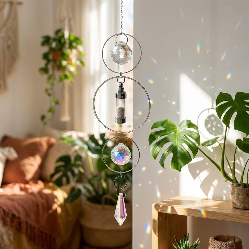 Decorative hanging crystal chime in a sunlit room with plants and a sofa.