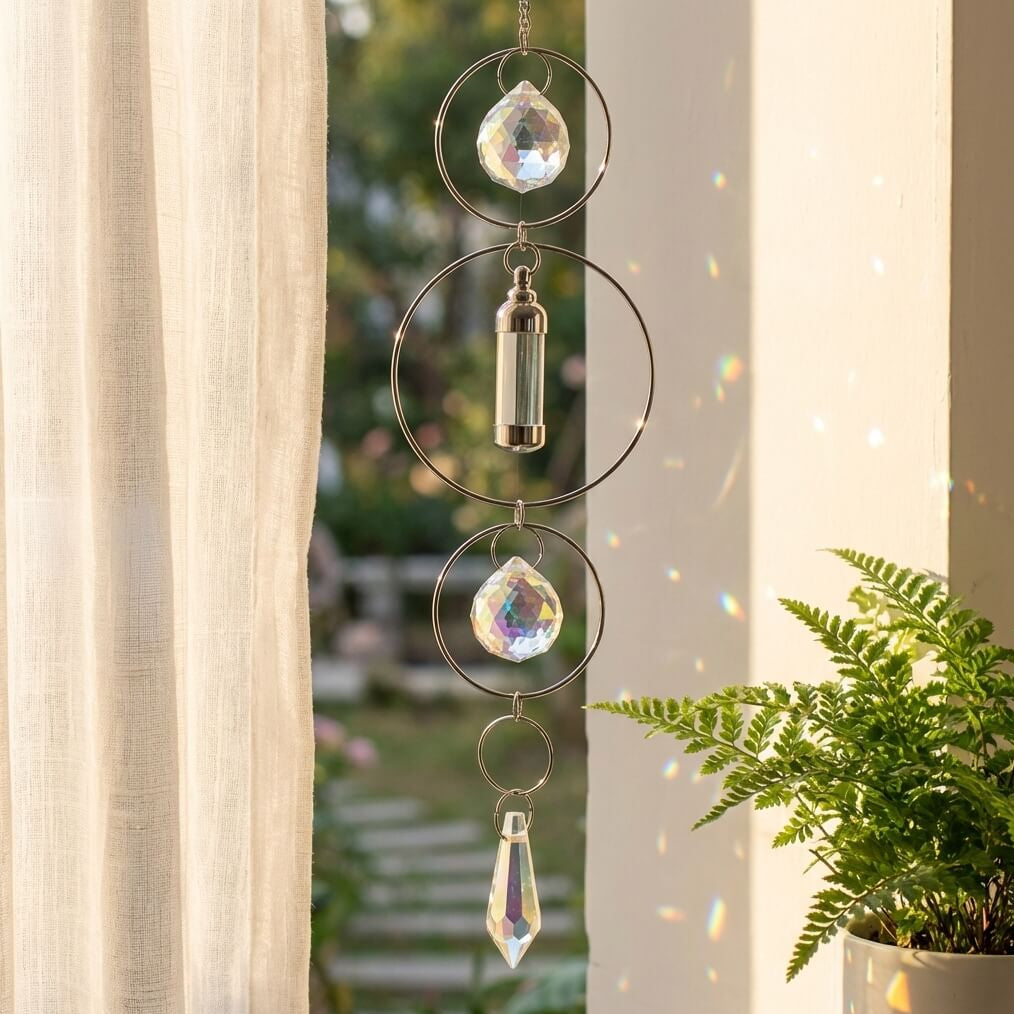 Decorative hanging crystal with a blurred outdoor background