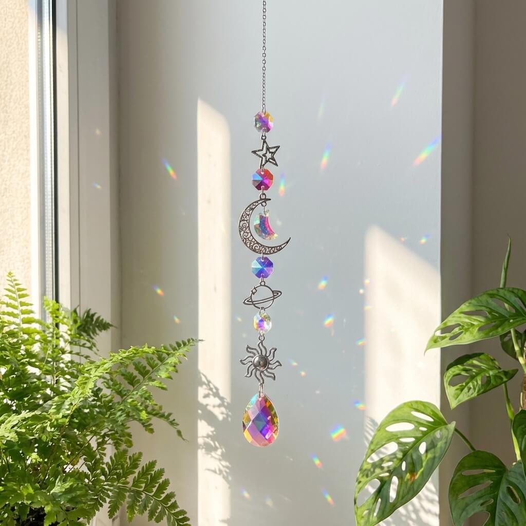 Decorative crystal sun catcher with celestial designs hanging in front of a window with plants below.