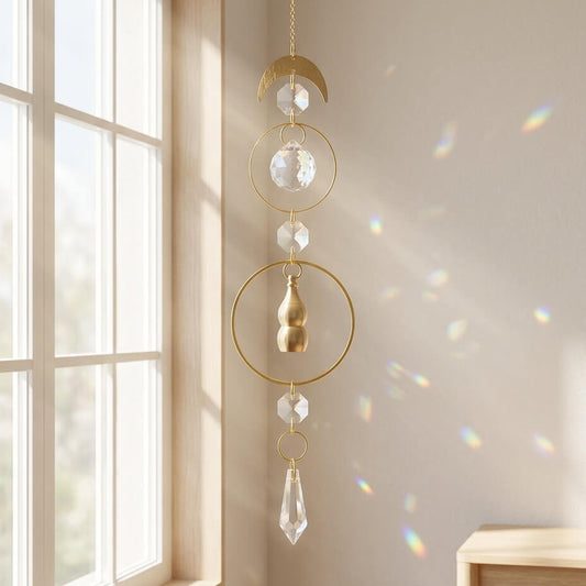 Decorative hanging crystal with gold accents in a room with a window.