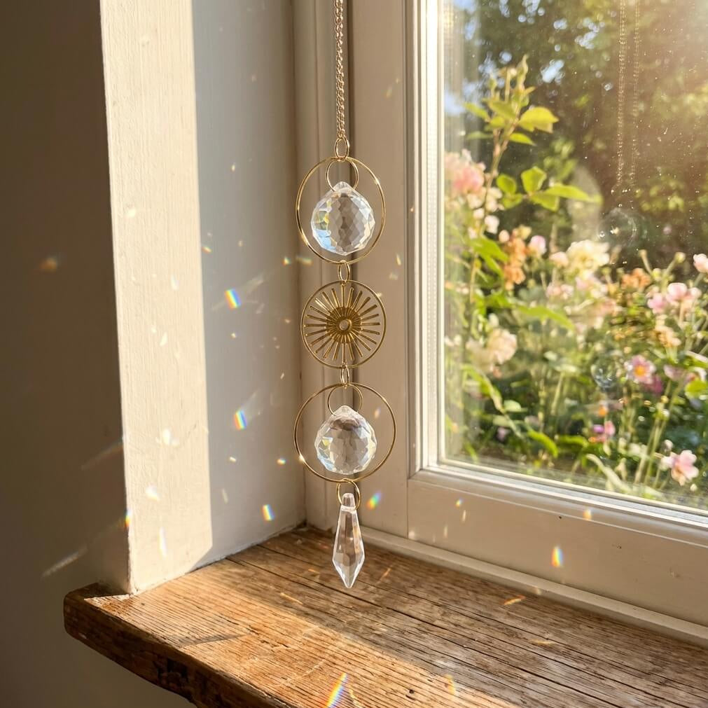 Decorative crystal hanging on a windowsill with a view of flowers outside