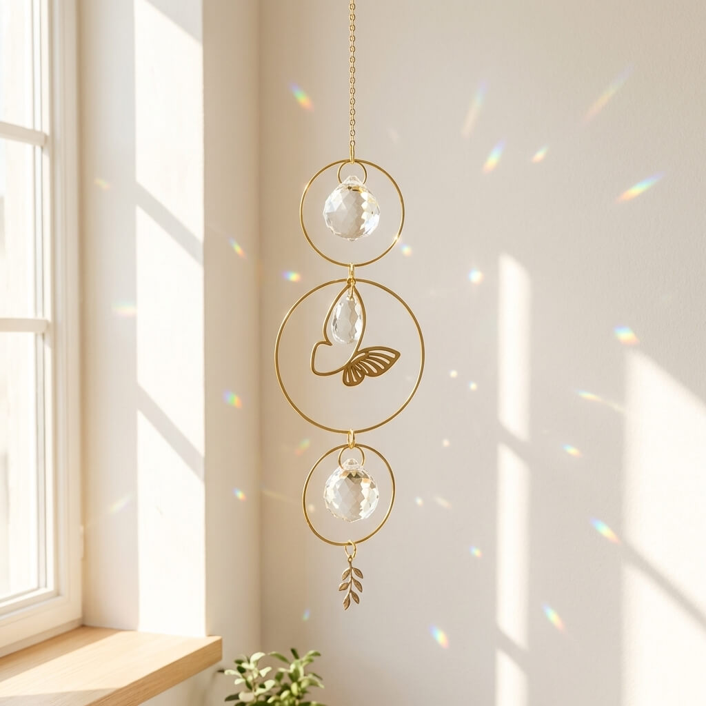A gold butterfly suncatcher with delicate hanging crystals that scatter vibrant rainbow light across the room as sunlight passes through